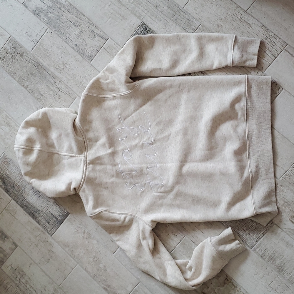 Old Navy Small Tan Beige Zippered Hoodie Sweatshirt Embroidered Stay True